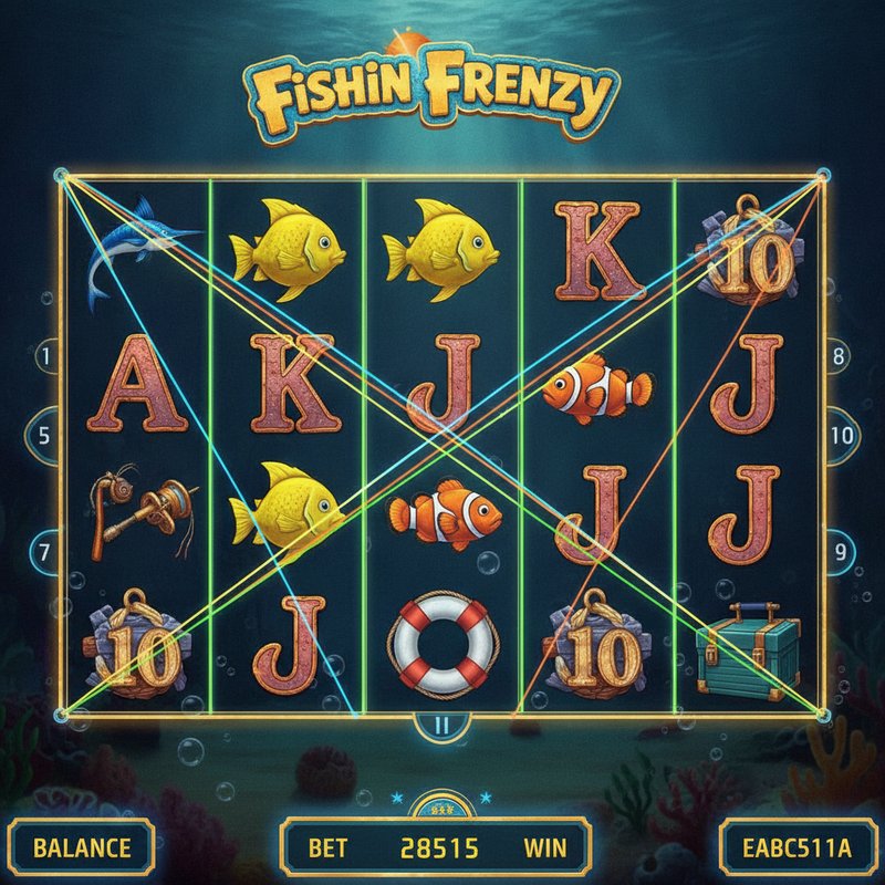 Fishin Frenzy gameplay screen displaying coloured paylines across the five-reel three-row grid