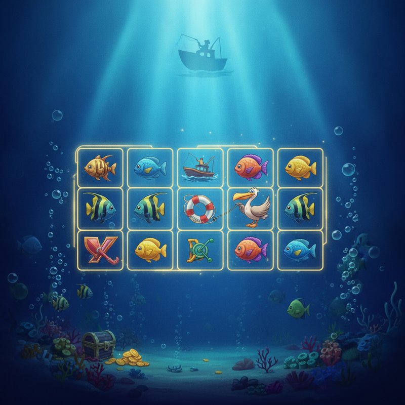 Fishin Frenzy slot main screen showing underwater ocean reels with boat scatter and pelican symbols