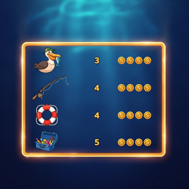 Fishin Frenzy paytable showing pelican, fishing rod, life preserver and tackle box symbol payouts